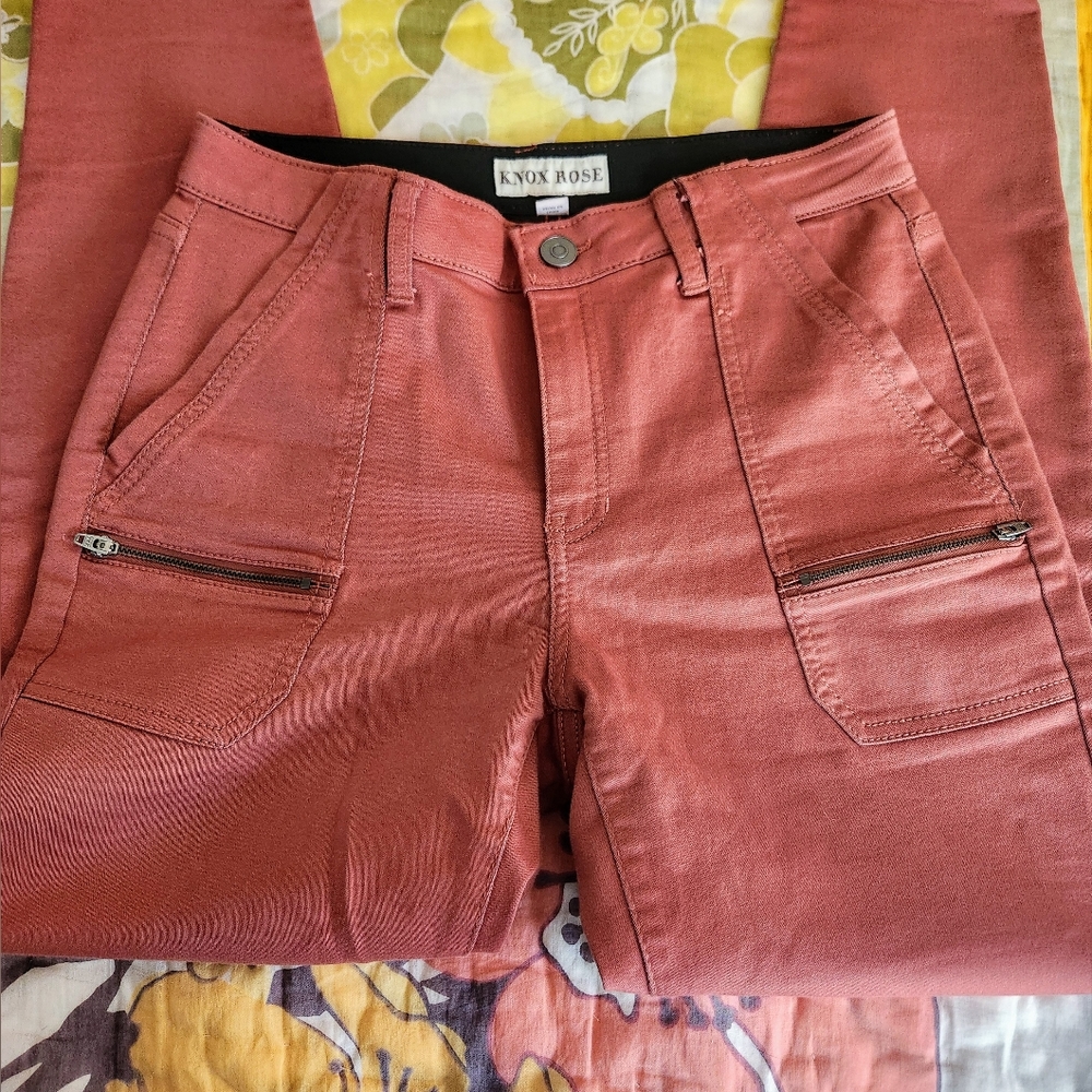KNOX ROSE Pink Brown Hi Rise Utility Cargo Pant Zipper Size 8 EUC